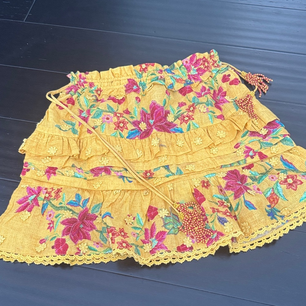 Farm Rio Floral Embroidered Yellow Skirt
